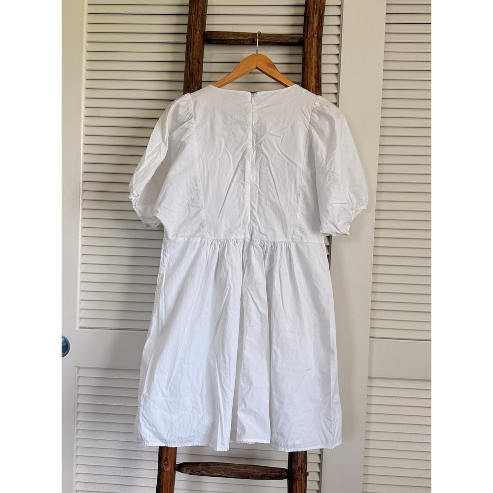 Madewell Mini Dress Womens M White Excellent Smocked Embroidered Puff Sleeve - Picture 2 of 7